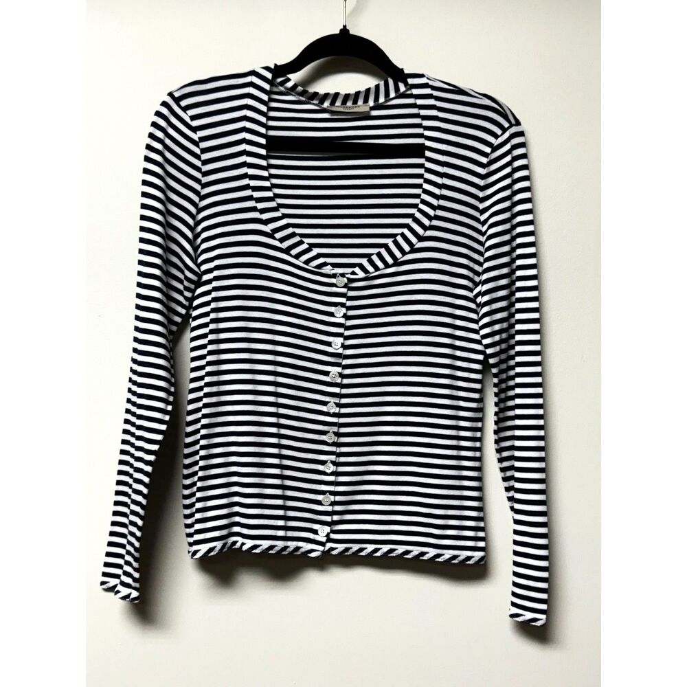 BURBERRY LONDON Classic Navy/White Striped Scoop Neck Long Sleeve Top, Sz M
